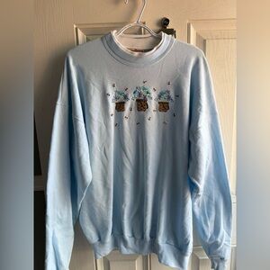 Women's Light Blue Crewneck Sweater with Floral Embroidery